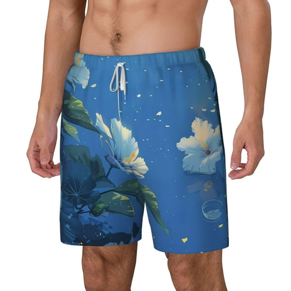 Goofa Hibiscus Flowers Calm Water Printed Men's Swim Trunks Board Shorts Quick Dry Mens Swimming Trunks with Compression Liner,Breathable Fit Hawaii Beach Shorts-XX-Large