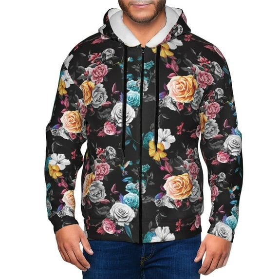 Goofa Hibiscus Rose Pattern Mens Full-zip Hoodie, Zip-up Pullover Hooded Sweatshirt, Kangaroo Pocket Hoodie Ideal for Daily Wear, Travel, and Home-3X-Large