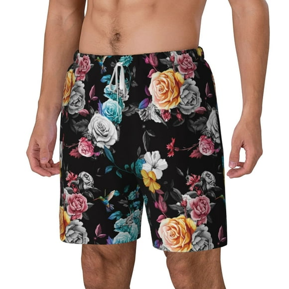 Goofa Hibiscus Rose Printed Men's Swim Trunks Board Shorts Quick Dry Mens Swimming Trunks with Compression Liner,Breathable Fit Hawaii Beach Shorts-Large