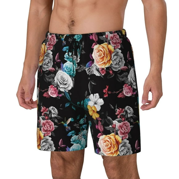 Goofa Hibiscus Rose Printed Men's Swim Trunks Board Shorts Quick Dry Mens Swimming Trunks with Compression Liner,Breathable Fit Hawaii Beach Shorts-Small