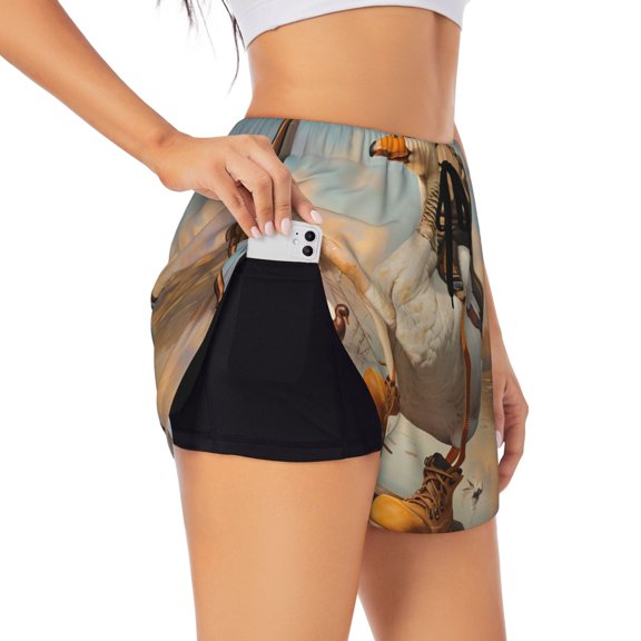 Goofa Hiking Duck Printed Women 2 in 1 Running Shorts,Quick Dry Athletic Workout Shorts,High Waisted Athletic Shorts with Liner Pockets-Medium