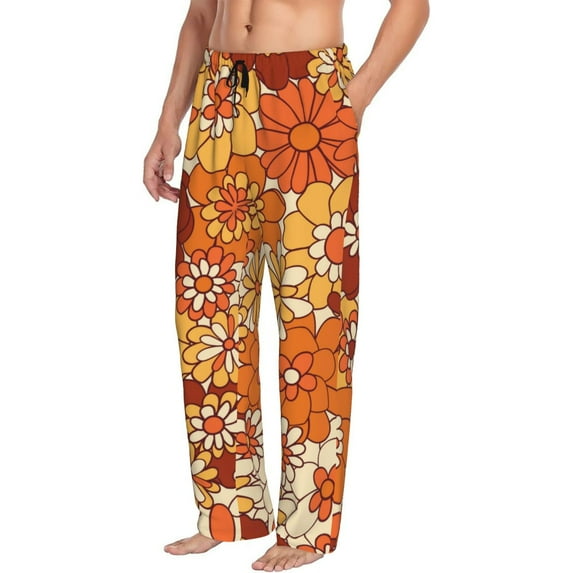 Goofa Hippie Flower Printed Soft Pajama Pants for Men, Wide Leg Comfy Casual Lounge Yoga Pants-X-Large