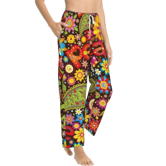 Goofa Hippie Peace Love Printed Soft Pajama Pants for Women, Wide Leg Comfy Casual Lounge Yoga Pants-Large