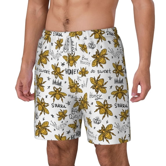 Goofa Hohey Bee Golden2 Printed Men's Swim Trunks Board Shorts Quick Dry Mens Swimming Trunks with Compression Liner,Breathable Fit Hawaii Beach Shorts-Medium