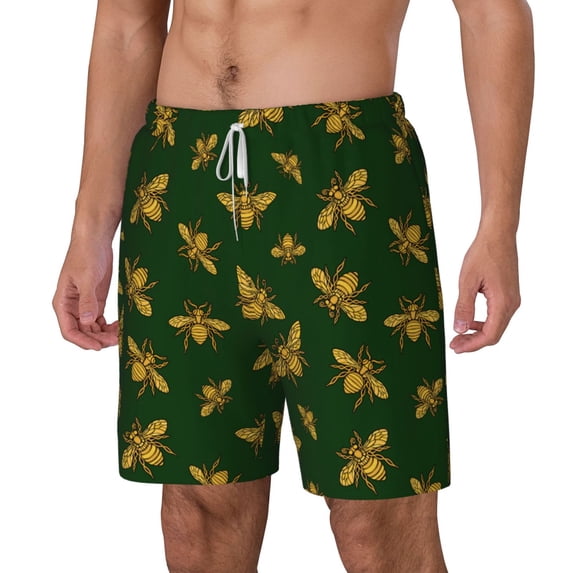 Goofa Hohey Bee Printed Men's Swim Trunks Board Shorts Quick Dry Mens Swimming Trunks with Compression Liner,Breathable Fit Hawaii Beach Shorts-Small