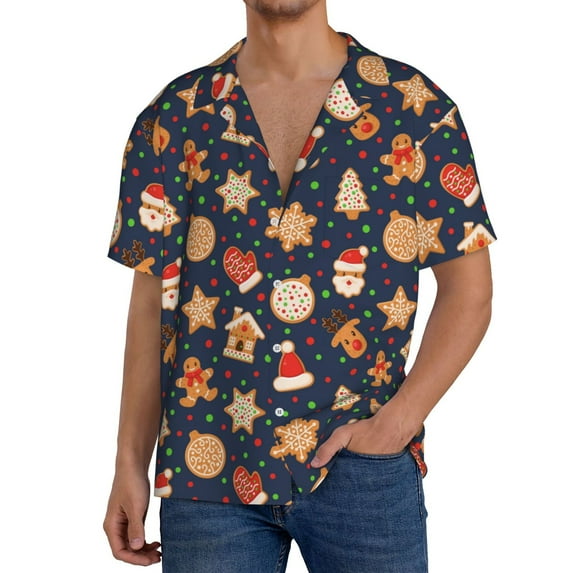 Goofa Holiday Gingerbreads Printed Men's Casual Short-sleeved Shirt,Lightweight Breathable Button-down,Summer Casual men's top,Versatile Fashion shirt-4X-Large