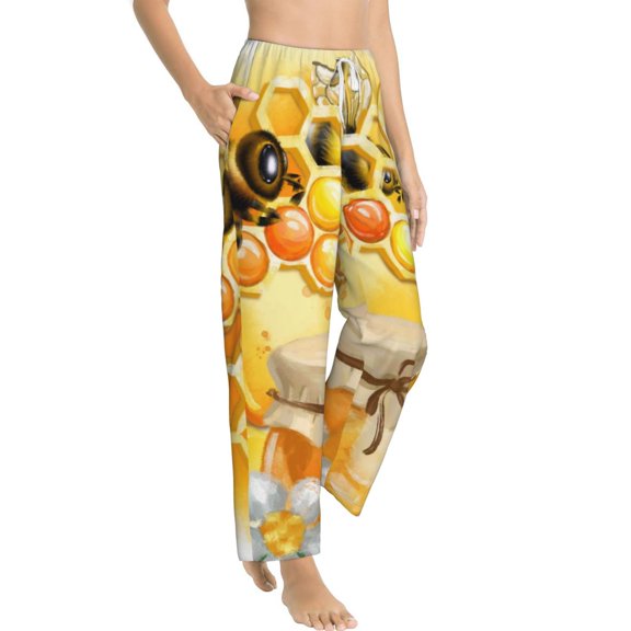 Goofa Honey Bee Printed Soft Pajama Pants for Women, Wide Leg Comfy Casual Lounge Yoga Pants-Large