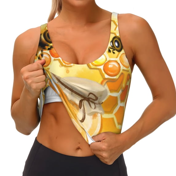 Goofa Honey Bee Printed Sports Bras for Women, High Impact Running Bra Workout Crop Tank Tops Longline Sports Bra Push up-Medium