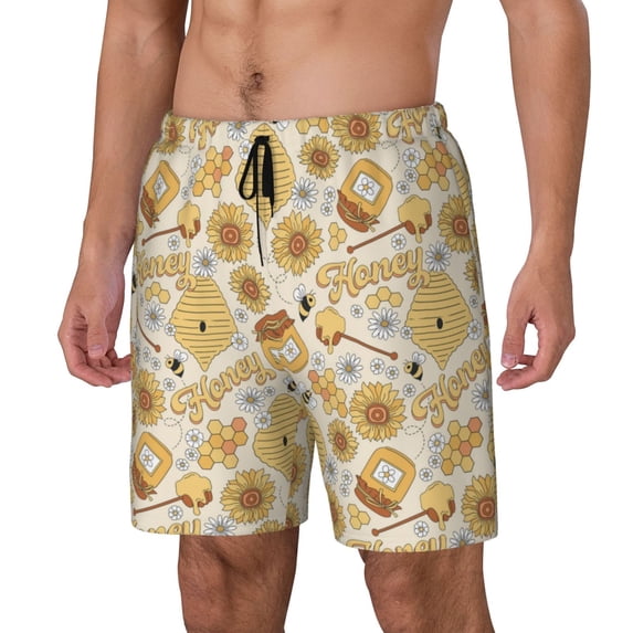 Goofa Honey Honeycomb Printed Men's Swim Trunks Board Shorts Quick Dry Mens Swimming Trunks with Compression Liner,Breathable Fit Hawaii Beach Shorts-Large