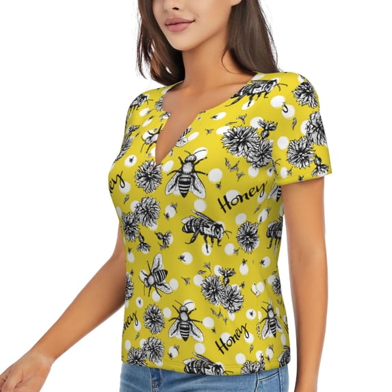Goofa Honeybee Pattern Womens Deep V Neck Low Cut Tops Casual Summer Short Sleeve Ribbed Knit T-Shirts-Small