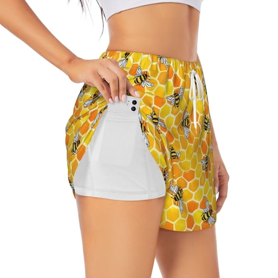Goofa Honeycombs Printed Women 2 in 1 Running Shorts,Quick Dry Athletic Workout Shorts,High Waisted Athletic Shorts with Liner Pockets-Small
