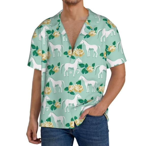 Goofa Horse And Flower Printed Men's Casual Short-sleeved Shirt,Lightweight Breathable Button-down,Summer Casual men's top,Versatile Fashion shirt-X-Large