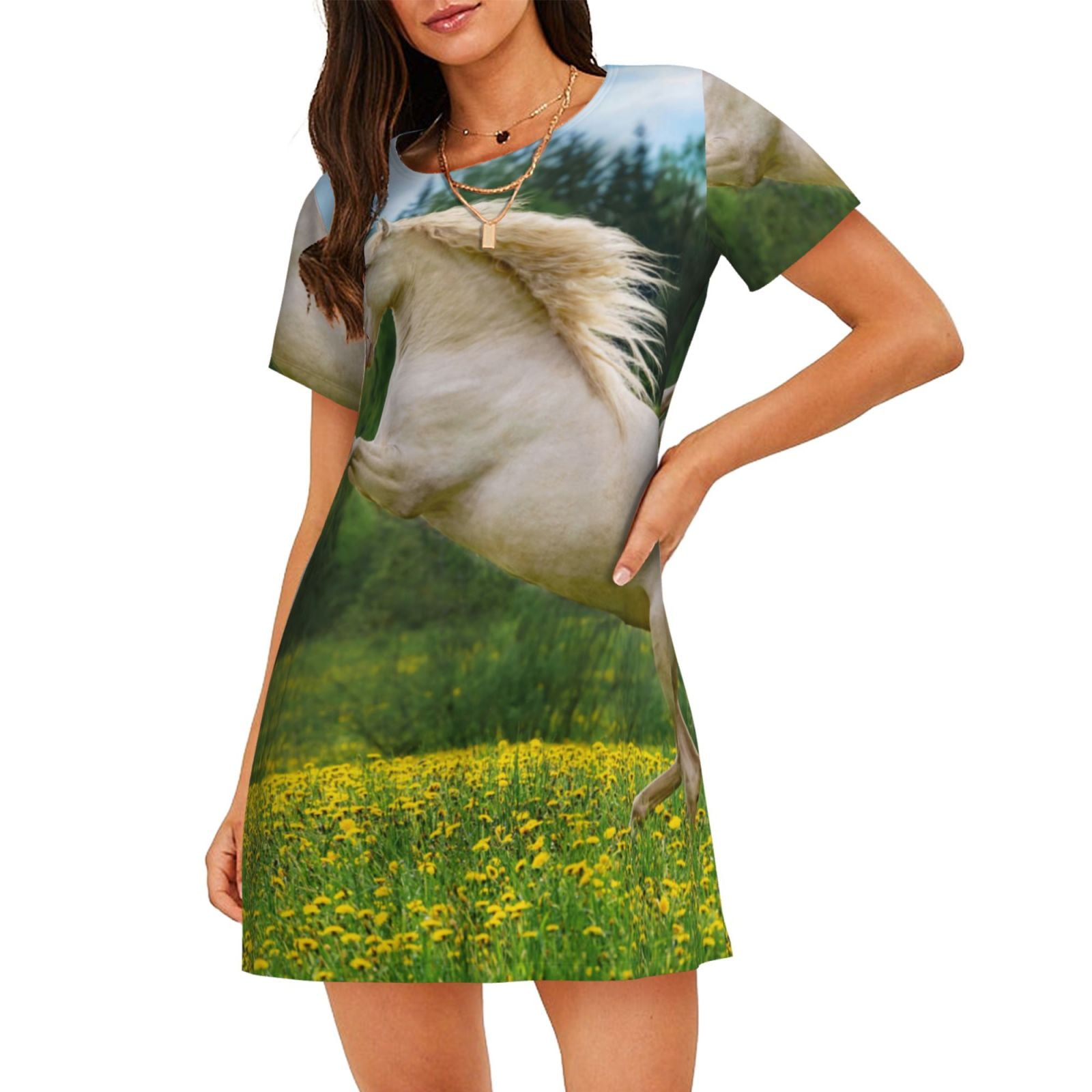 Goofa Horse Rearing Up In The Field Print Women’s Cotton Nightdress ...