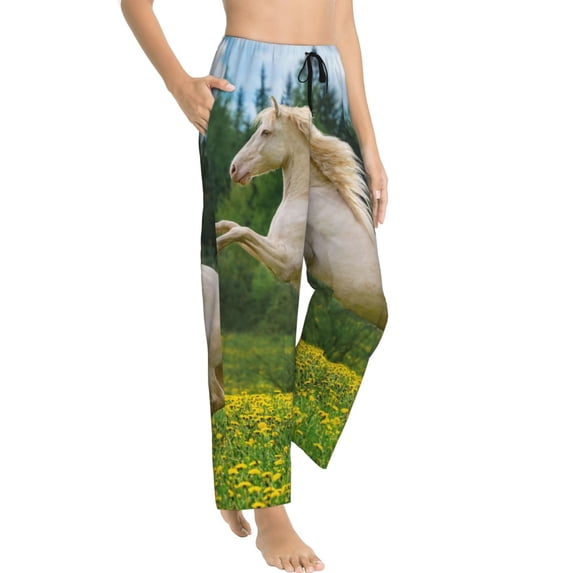 Goofa Horse Rearing Up In The Field Printed Soft Pajama Pants for Women, Wide Leg Comfy Casual Lounge Yoga Pants-Medium