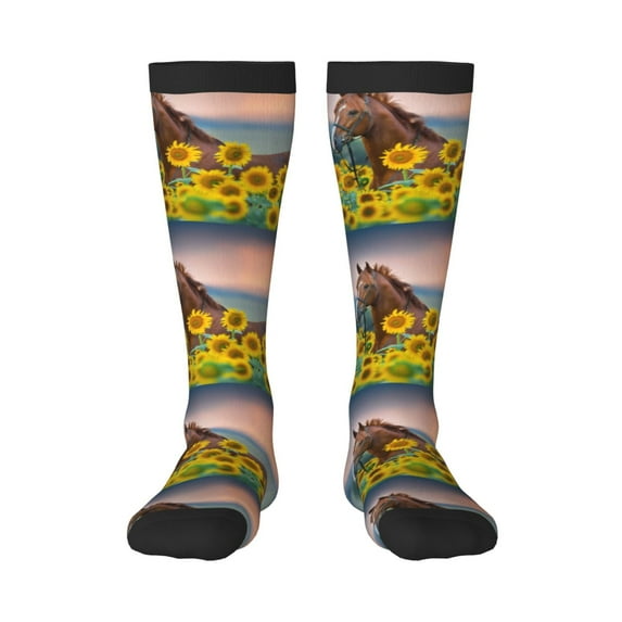 Goofa Horse Sunflowers Pattern Adult Stockings, Color-Block Knee High Socks, Comfortable and Breathable, Soft and Stretchable, Sports, and Decoration