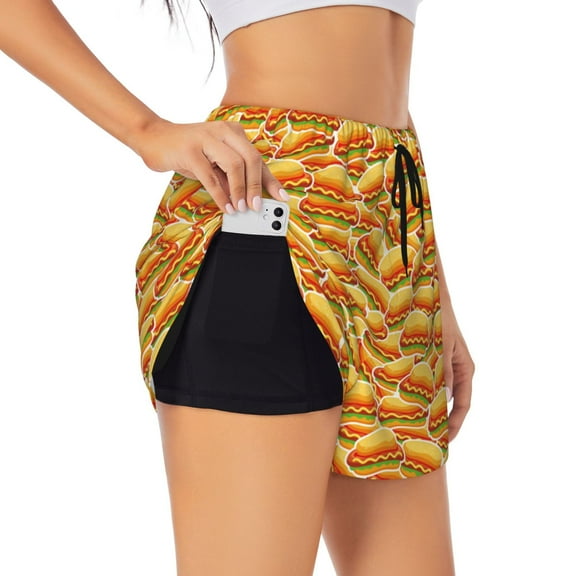 Goofa Hot Dogs Printed Women 2 in 1 Running Shorts,Quick Dry Athletic Workout Shorts,High Waisted Athletic Shorts with Liner Pockets-Small