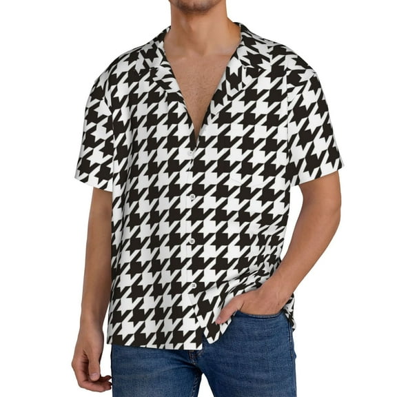 Goofa Houndstooth Black And White Printed Men's Casual Short-sleeved Shirt,Lightweight Breathable Button-down,Summer Casual men's top,Versatile Fashion shirt-Small