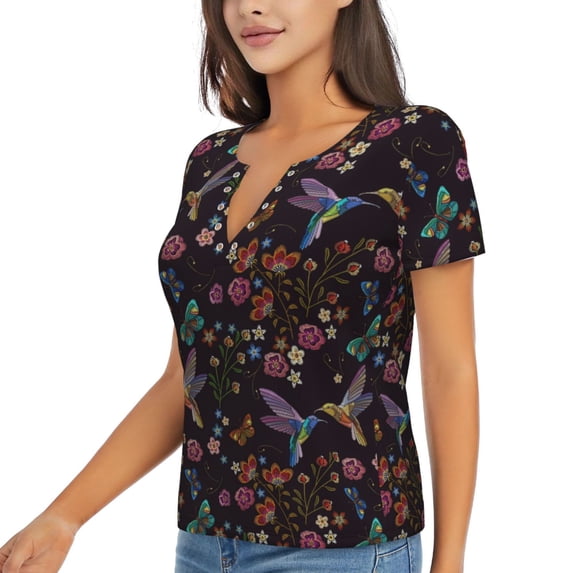 Goofa Humming Bird And Tropical Flowers Pattern Womens Deep V Neck Low Cut Tops Casual Summer Short Sleeve Ribbed Knit T-Shirts-Large