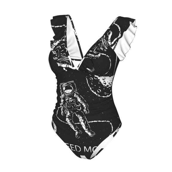 Goofa I Need More Space Print Women's Ruffled One Piece Swimsuit V Neck