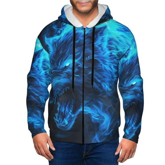 Goofa Ice Blue Fire Wolf Pattern Mens Full-zip Hoodie, Zip-up Pullover Hooded Sweatshirt, Kangaroo Pocket Hoodie Ideal for Daily Wear, Travel, and Home-Small