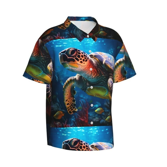 Goofa Ice Blue Ocean Sea Turtle Hawaiian Shirt for Men, Unisex Summer Beach Casual Short Sleeve Button Down Shirts,Aloha Tropical Floral print shirt-Large