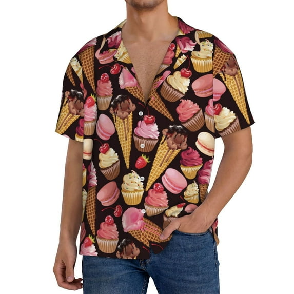 Goofa Ice Cream Cake Printed Men's Casual Short-sleeved Shirt,Lightweight Breathable Button-down,Summer Casual men's top,Versatile Fashion shirt-Small