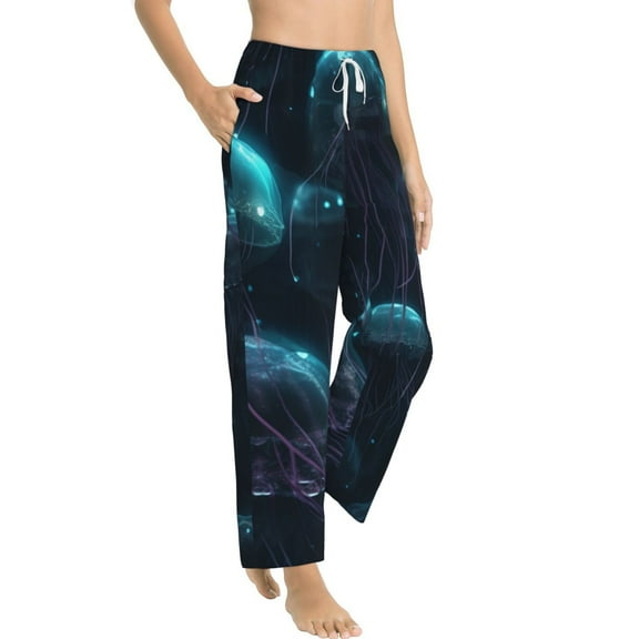 Goofa Ice blue light spot jellyfish Printed Soft Pajama Pants for Women, Wide Leg Comfy Casual Lounge Yoga Pants-Large