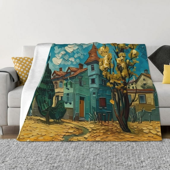 Goofa Impressionist Village Sky Pattern Fleece Throw Blanket for Couch, Soft Checkered Flannel Blanket for Sofa, Warm Cozy Decorative Blanket Fall Decor Gift-50"x40"