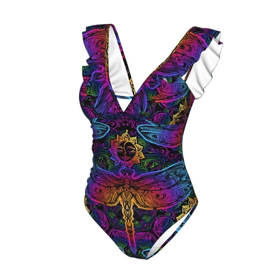 Goofa Indian Mandalas Dragonfly Print Women's Ruffled One Piece Swimsuit V Neck