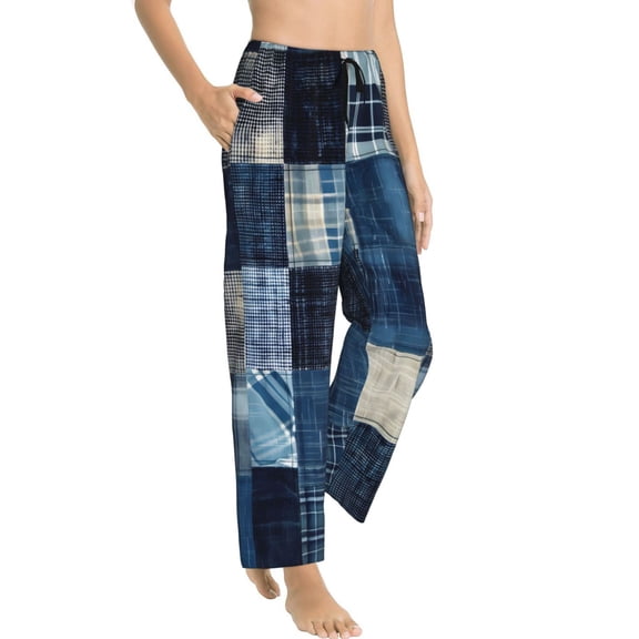 Goofa Indigo Patchwork Quilt Printed Soft Pajama Pants for Women, Wide Leg Comfy Casual Lounge Yoga Pants-X-Large