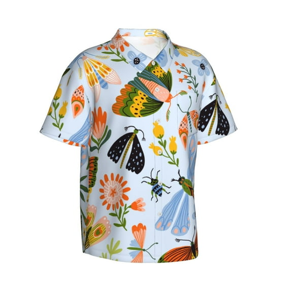 Goofa Insects and Flowers Hawaiian Shirt for Men, Unisex Summer Beach Casual Short Sleeve Button Down Shirts,Aloha Tropical Floral print shirt-Medium