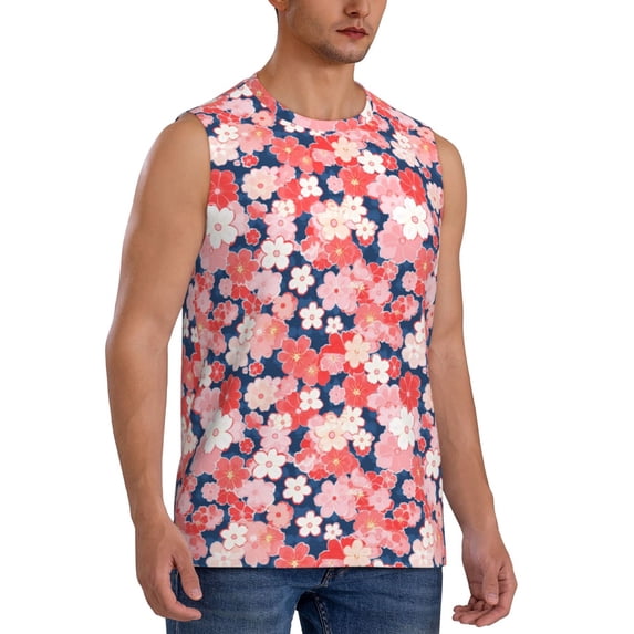 Goofa Japanese Cherry Blossoms Printed Men's Sleeveless T-Shirt - Athletic Gym Workout Tank Top for Men - Moisture-Wicking, UPF 30+ Quick-Dry Muscle Tee-