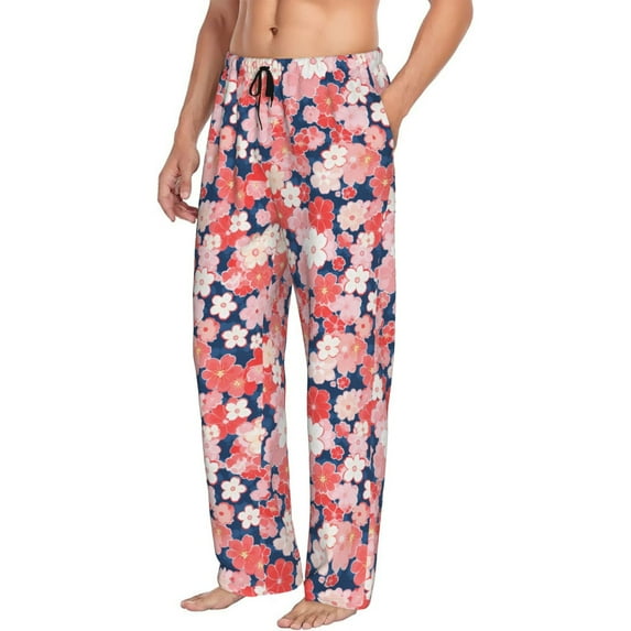 Goofa Japanese Cherry Blossoms Printed Soft Pajama Pants for Men, Wide Leg Comfy Casual Lounge Yoga Pants-