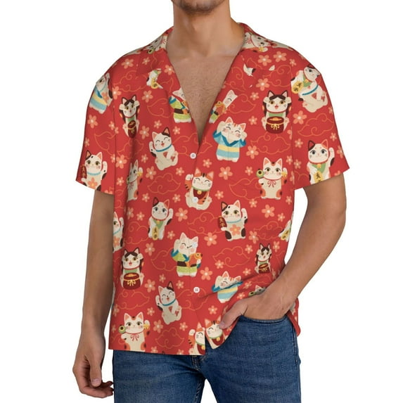 Goofa Japanese Maneki Cats Printed Men's Casual Short-sleeved Shirt,Lightweight Breathable Button-down,Summer Casual men's top,Versatile Fashion shirt-X-Large