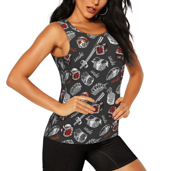 Goofa Japanese Sushi Hashi Printed Womens Workout Tops for Women Sleeveless Yoga Shirts Athletic Running Tank Tops Sleeveless Gym Clothes Workout Apparel-