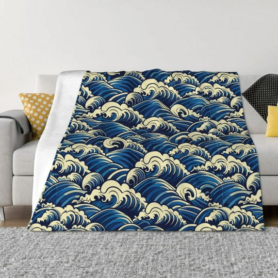 Goofa Japanese Water Wave Pattern Fleece Throw Blanket for Couch, Soft Checkered Flannel Blanket for Sofa, Warm Cozy Decorative Blanket Fall Decor Gift-40"x30"