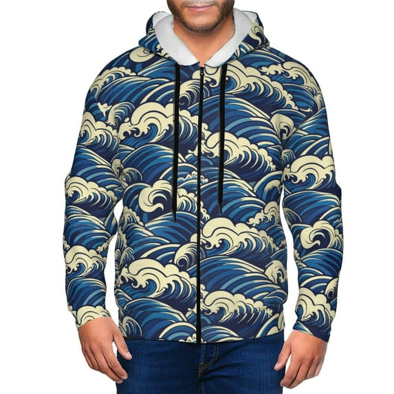 Goofa Japanese Water Wave Pattern Mens Full-zip Hoodie, Zip-up Pullover Hooded Sweatshirt, Kangaroo Pocket Hoodie Ideal for Daily Wear, Travel, and Home-Small