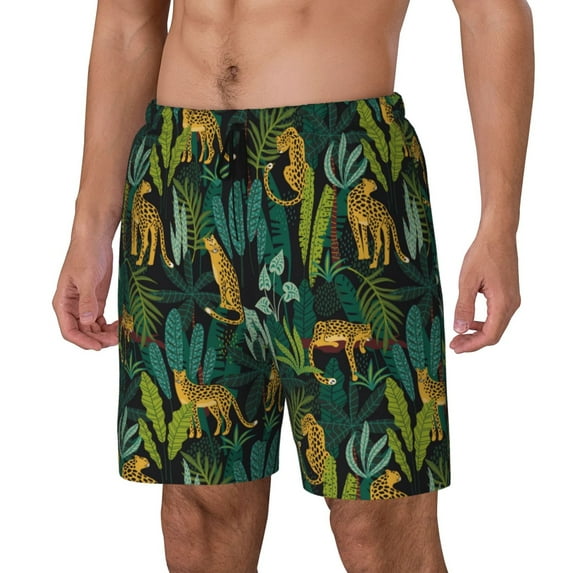Goofa Jungle Leopard Yellow Printed Men's Swim Trunks Board Shorts Quick Dry Mens Swimming Trunks with Compression Liner,Breathable Fit Hawaii Beach Shorts-XX-Large
