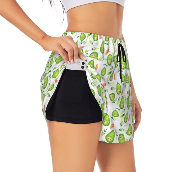 Goofa Kawaii Avocado Printed Women 2 in 1 Running Shorts,Quick Dry Athletic Workout Shorts,High Waisted Athletic Shorts with Liner Pockets-