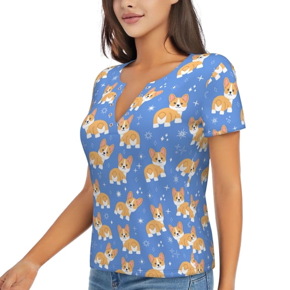 Goofa Kawaii Corgi Pattern Womens Deep V Neck Low Cut Tops Casual Summer Short Sleeve Ribbed Knit T-Shirts-Large