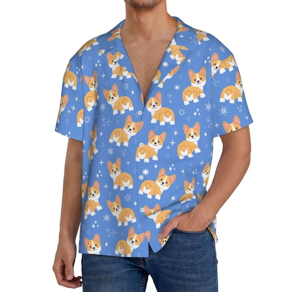 Goofa Kawaii Corgi Printed Men's Casual Short-sleeved Shirt,Lightweight Breathable Button-down,Summer Casual men's top,Versatile Fashion shirt-XX-Large