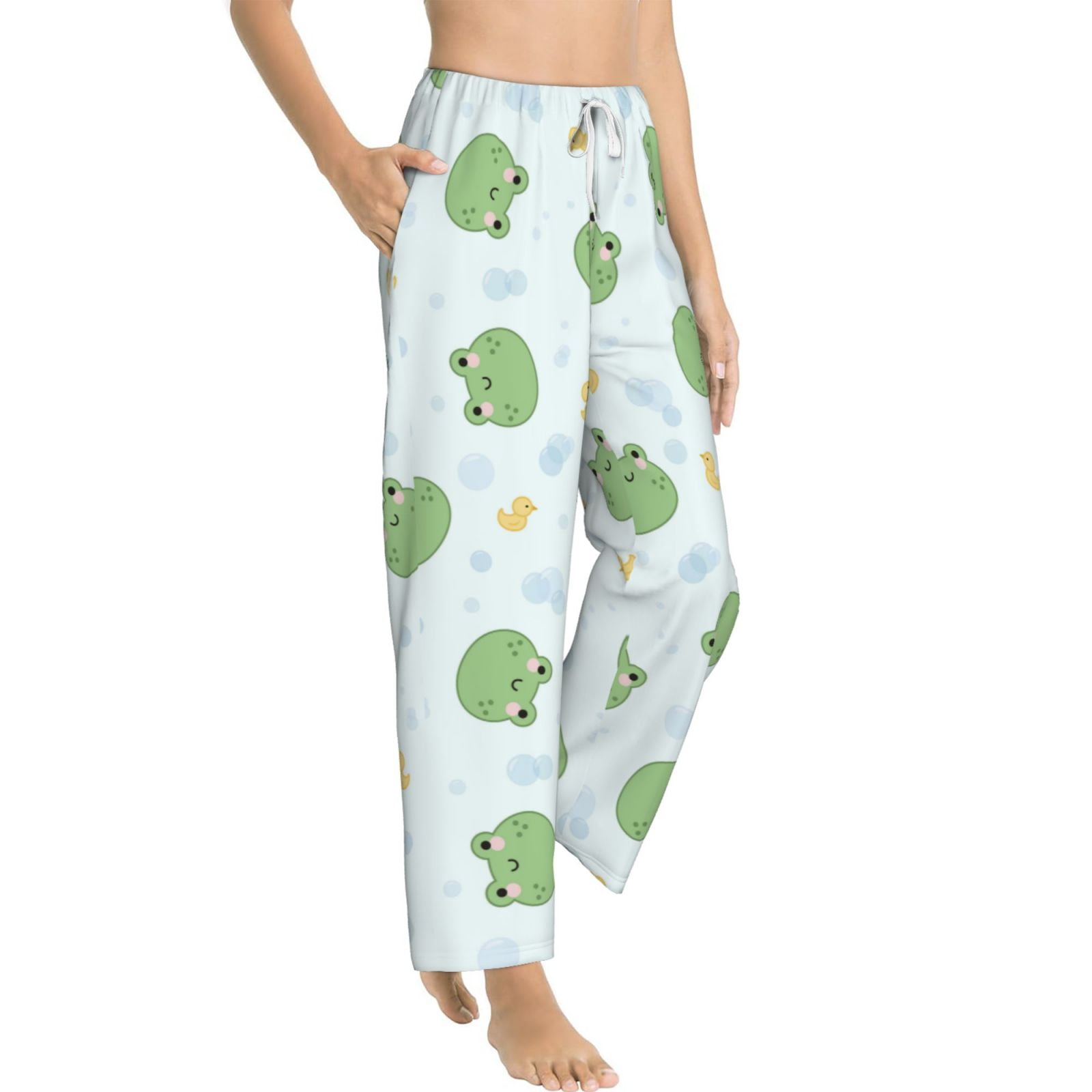 Goofa Kawaii Frogs Printed Soft Pajama Pants for Women, Wide Leg Comfy ...