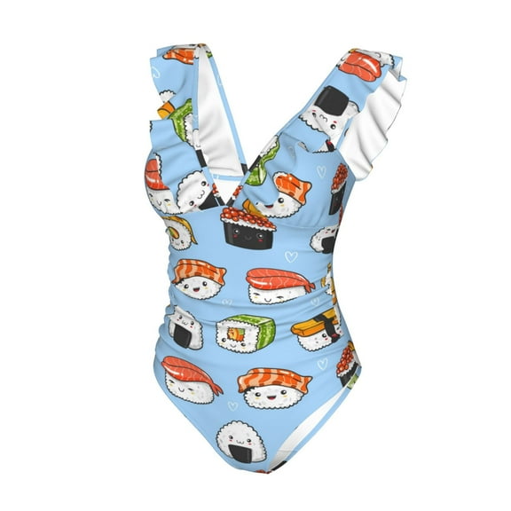 Goofa Kawaii Sushi Print Women's Ruffled One Piece Swimsuit V Neck