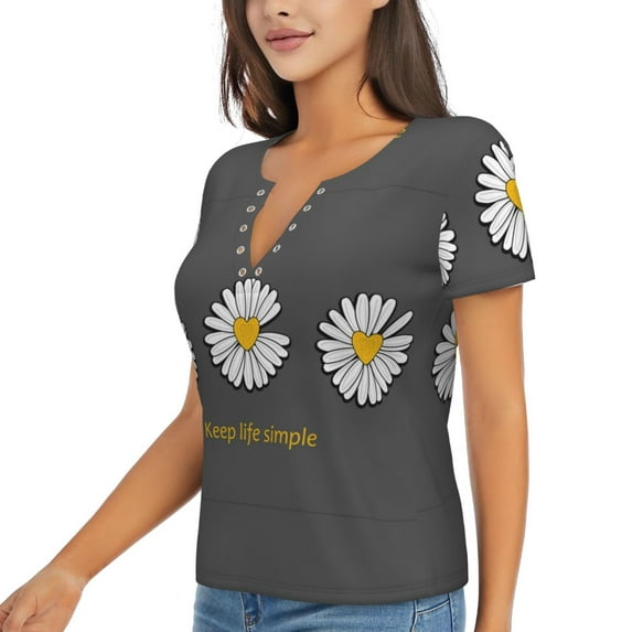 Goofa Keep Life Simple Daisy Flower Pattern Womens Deep V Neck Low Cut Tops Casual Summer Short Sleeve Ribbed Knit T-Shirts-Small