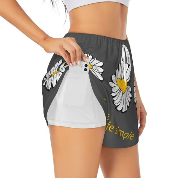 Goofa Keep Life Simple Daisy Flower Printed Women 2 in 1 Running Shorts,Quick Dry Athletic Workout Shorts,High Waisted Athletic Shorts with Liner Pockets-Medium