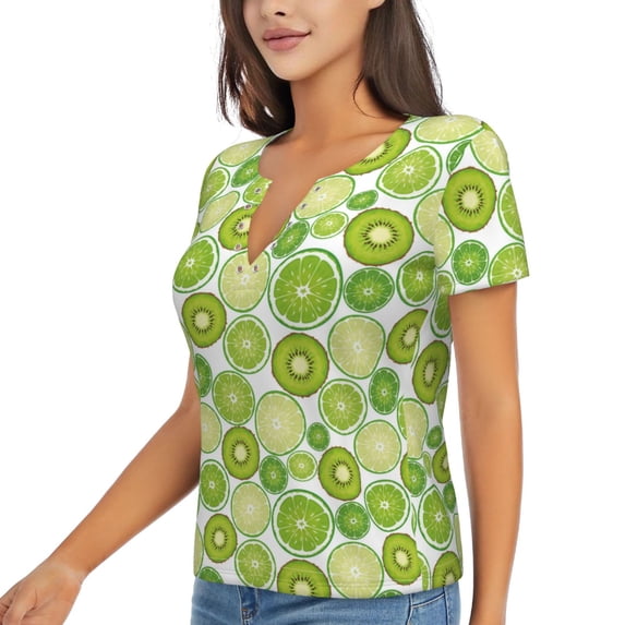 Goofa Kiwi Lemon Pattern Womens Deep V Neck Low Cut Tops Casual Summer Short Sleeve Ribbed Knit T-Shirts-X-Large