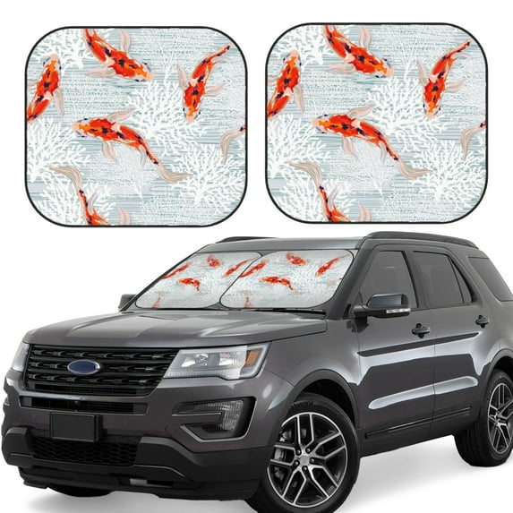 Goofa Koi Fish Corals,Spring Summer Pattern 2 Piece Car Windshield Sun Shade Foldable | Front Windshield Shade for Sun, Heat and UV Rays | Sunshade for Car Front Window-Medium