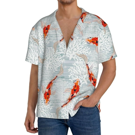 Goofa Koi Fish Corals,Spring Summer Printed Men's Casual Short-sleeved Shirt,Lightweight Breathable Button-down,Summer Casual men's top,Versatile Fashion shirt-4X-Large
