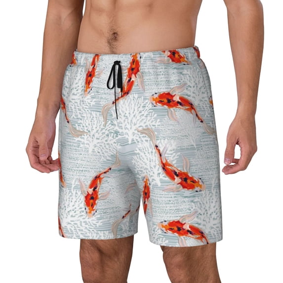 Goofa Koi Fish Corals,Spring Summer Printed Men's Swim Trunks Board Shorts Quick Dry Mens Swimming Trunks with Compression Liner,Breathable Fit Hawaii Beach Shorts-Medium