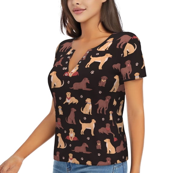Goofa Labrador Retriever Dog Pattern Womens Deep V Neck Low Cut Tops Casual Summer Short Sleeve Ribbed Knit T-Shirts-Small